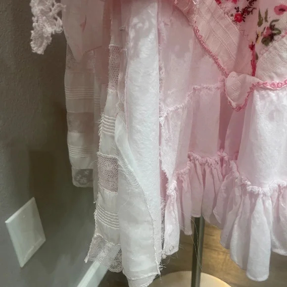 Pink Upcycled Boho Shabby Chic High Low  Dress with  Ruffles & Appliqués, Size M - Picture 11 of 13